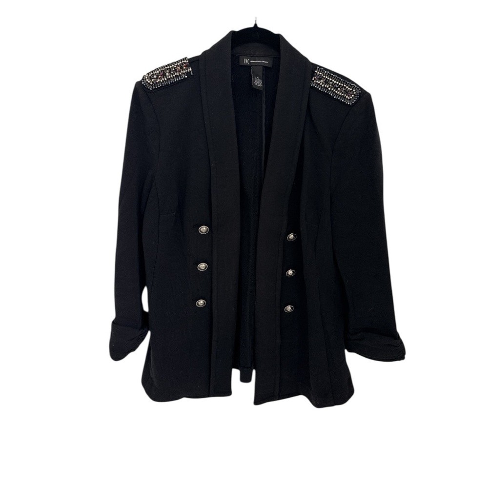 INC  Women’s double-breasted blazer embellished shoulders Black Size Medium
